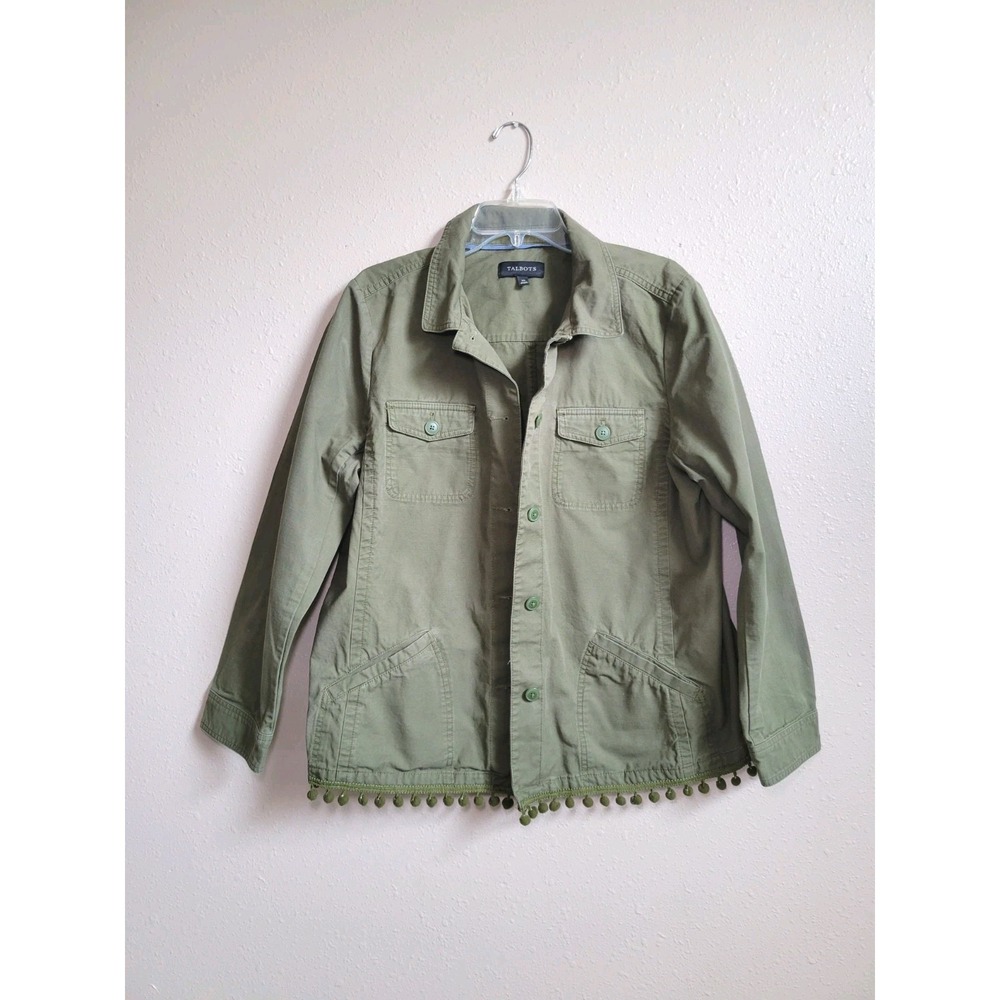Talbots Womens Jacket Pom Pom Army Green Flap Pockets Gorpcore Lightweight Sz XL - Picture 2 of 14